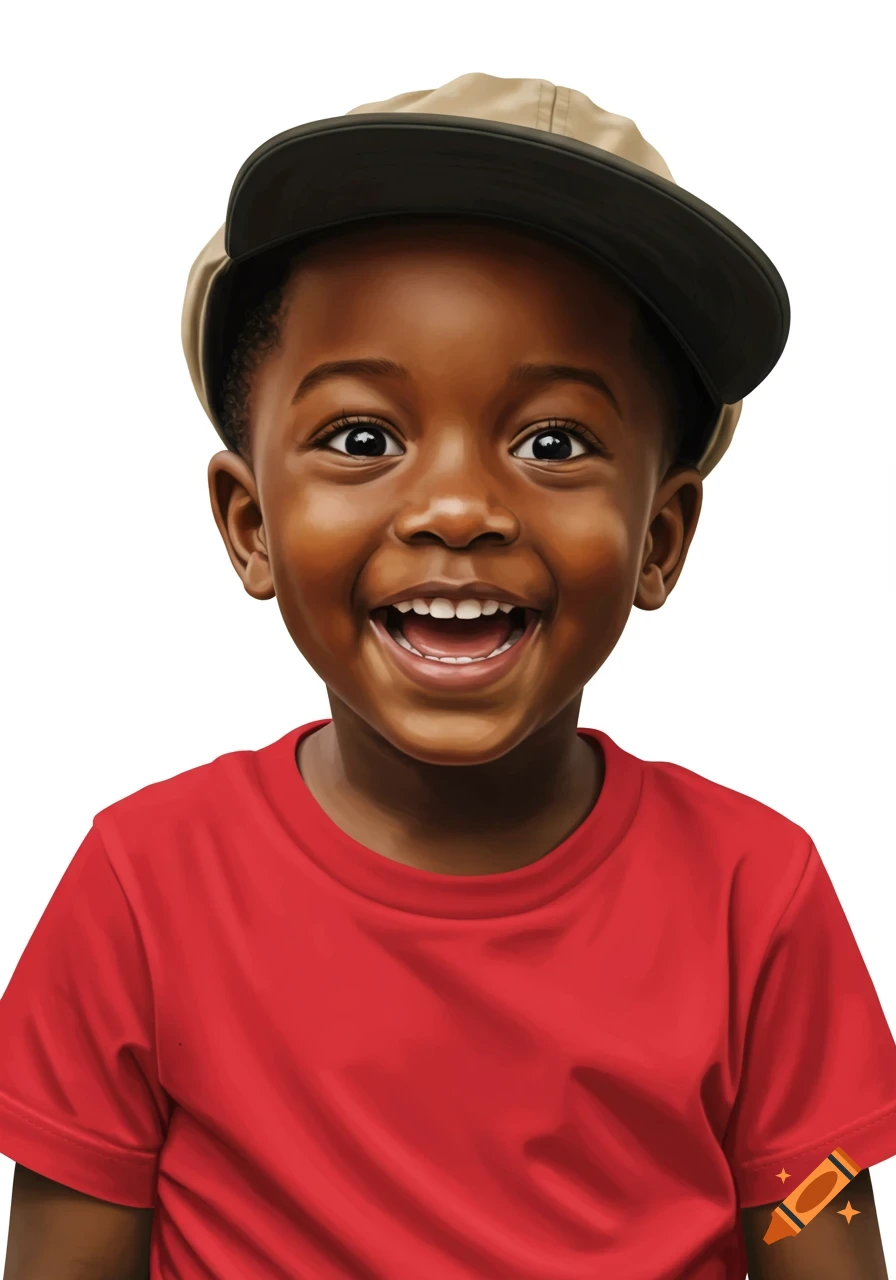 Close-up portrait illustration of a happy young Black child in a beige cap and red t-shirt, smiling widely on a white background.