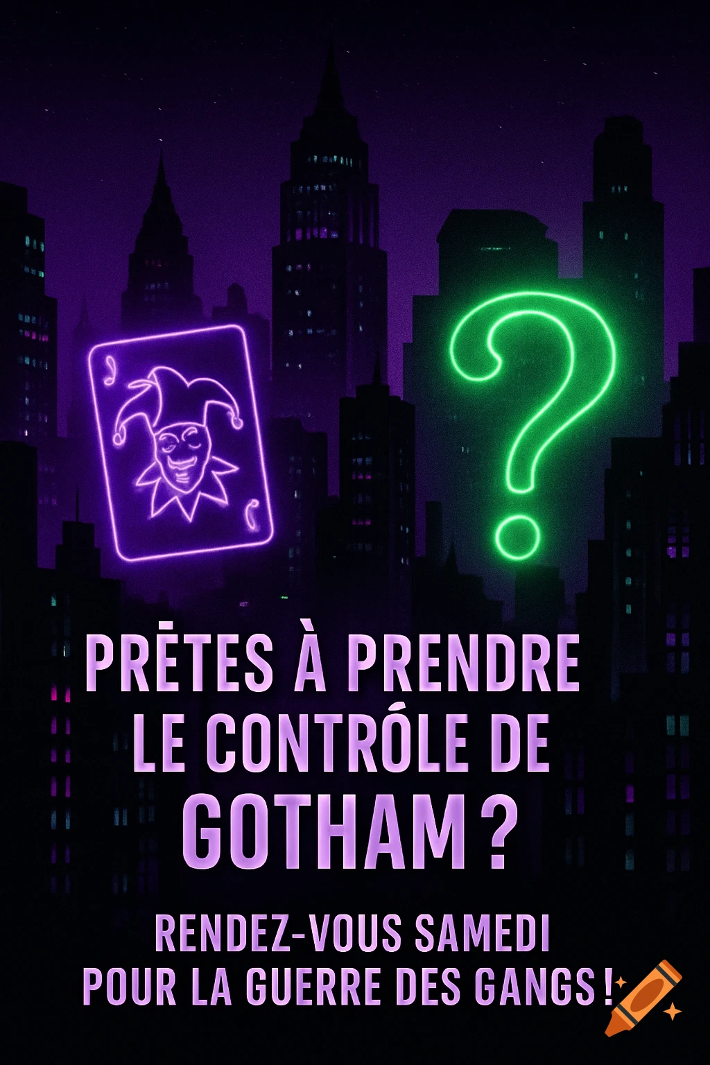 Neon poster for a Gotham City event with a purple Joker card, a green question mark, and a dark city skyline with text.
