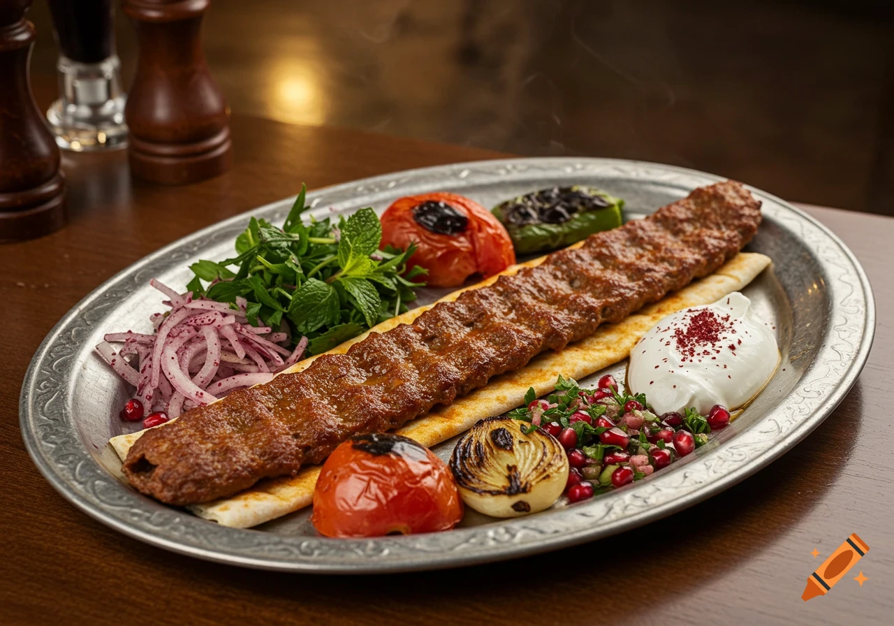 Photorealistic image of a long Turkish kofte kebab on pita bread, served with grilled vegetables, onions, mint, pomegranate, and yogurt sauce.