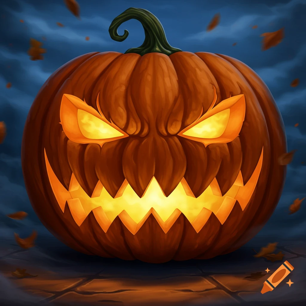 A glowing, menacing jack-o'-lantern with sharp teeth and fiery eyes, surrounded by falling autumn leaves at night. Stylized illustration.