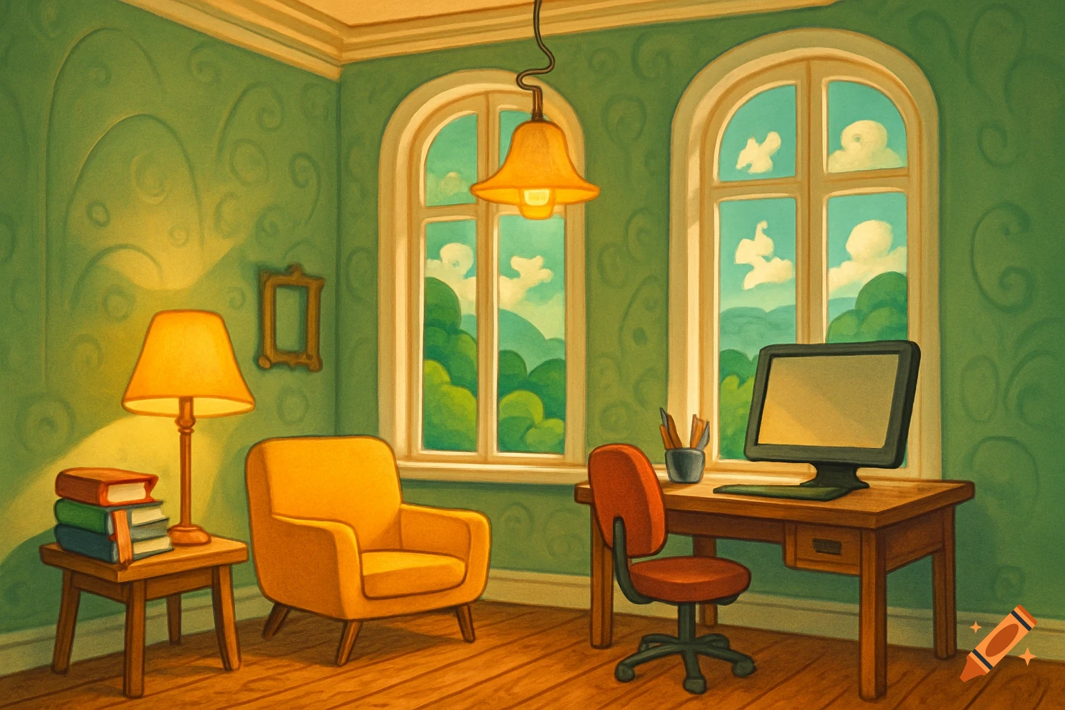 Whimsical illustrated home office with a yellow armchair, desk with monitor, and large windows revealing a vibrant green landscape.