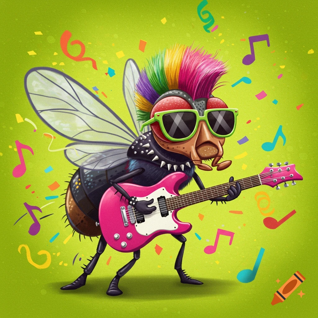 A cartoon punk rock fly with a colorful mohawk and sunglasses plays a pink electric guitar on a vibrant green background with musical notes.
