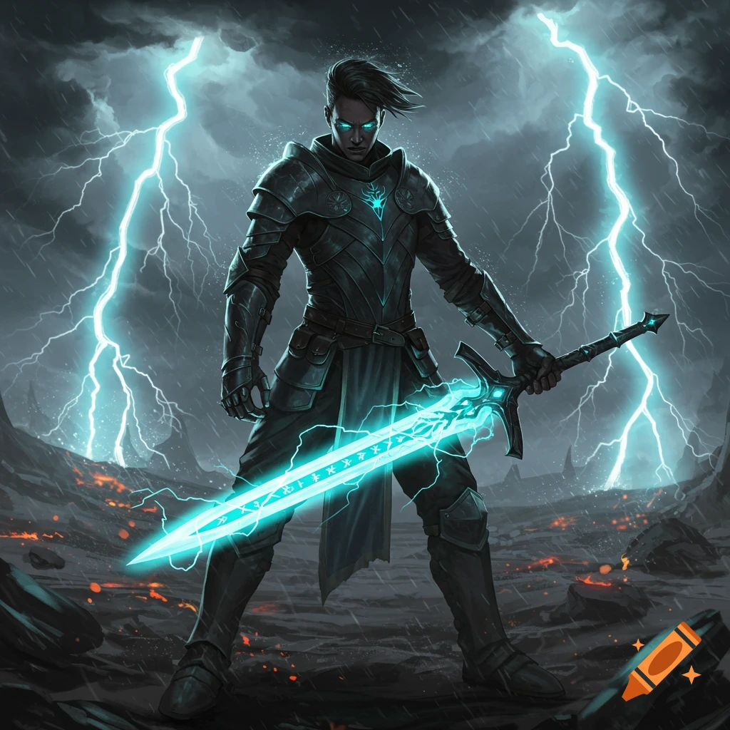 A dark armored warrior with glowing blue eyes holds a radiant lightning-infused sword under a stormy sky with bright lightning bolts. Stylized digital art.