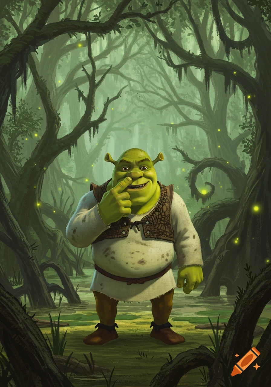 Shrek the ogre smiles while picking his nose in a dark, misty swamp with glowing fireflies, rendered in a detailed illustration style.
