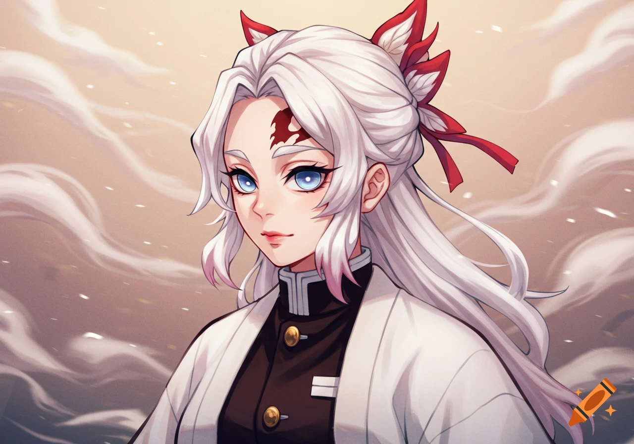 An anime-style character with long white hair tied with red ribbons, blue eyes, and a red mark on her forehead, wearing a black uniform and white haori.