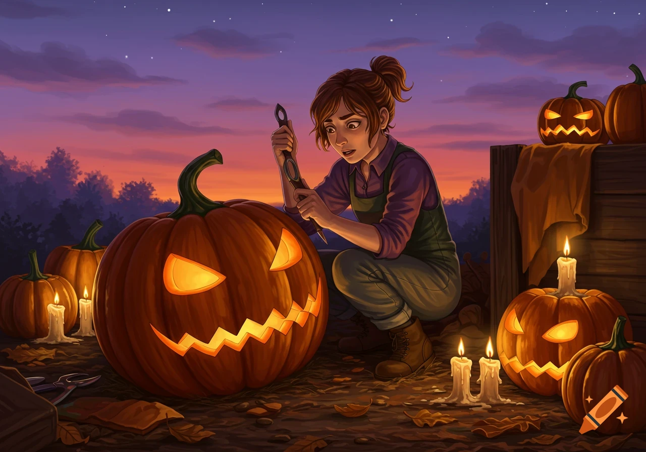 Illustrated scene of a person intently carving a large jack-o'-lantern at dusk, surrounded by other glowing pumpkins and candles.