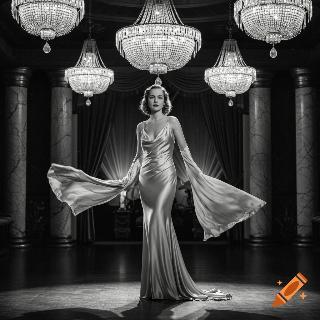 A black and white image of a glamorous woman in a flowing gown under sparkling chandeliers.