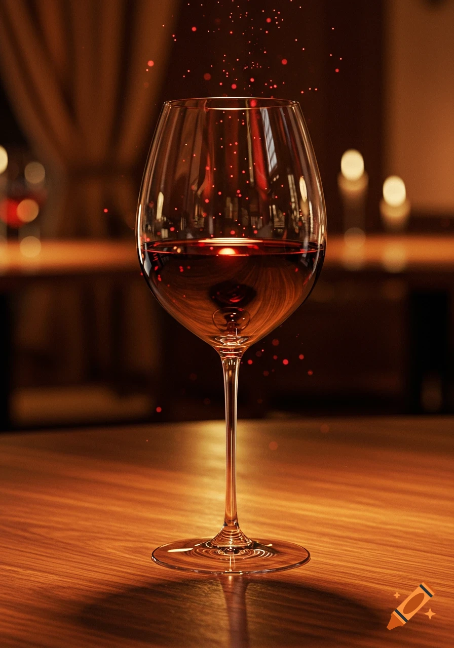 A photorealistic close-up of a wine glass filled with red wine on a wooden table, with red sparkles rising from the glass in a dimly lit setting.