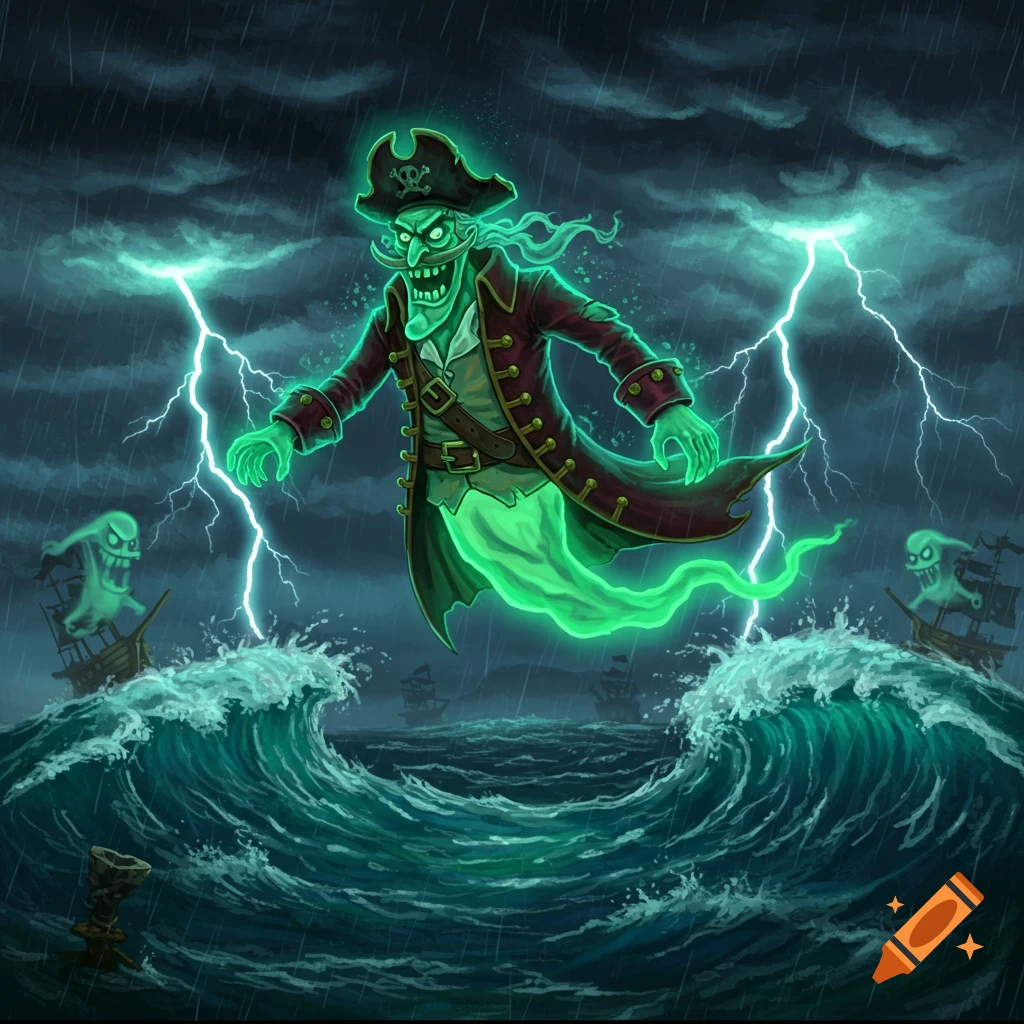 A grinning, glowing green ghost pirate, resembling the Flying Dutchman, floats above stormy seas with lightning in a cartoon style.