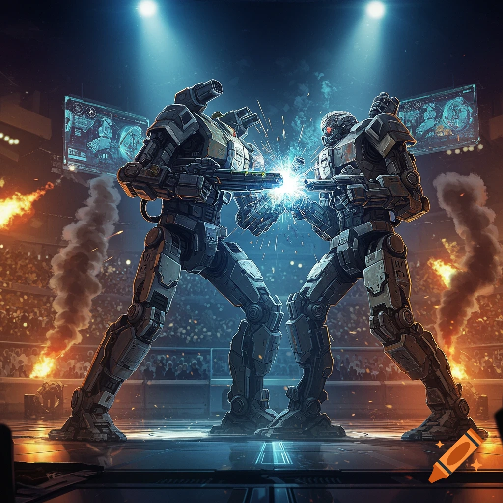 Two combat robots face off in a futuristic arena, sparks flying between them, with a crowd and screens in the background. Digital art.