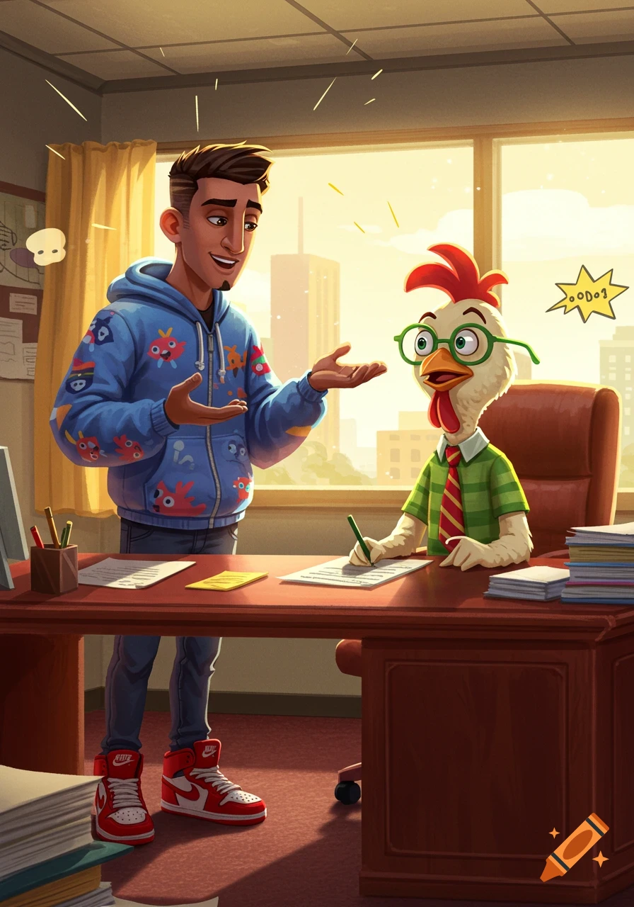 Cartoon man in a blue hoodie talks to an anthropomorphic chicken in glasses and a tie, sitting at an office desk.