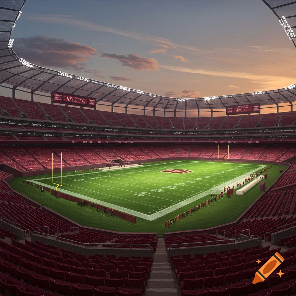 Photorealistic wide shot of an empty football stadium with burgundy seats, a green field, and a sunset sky.