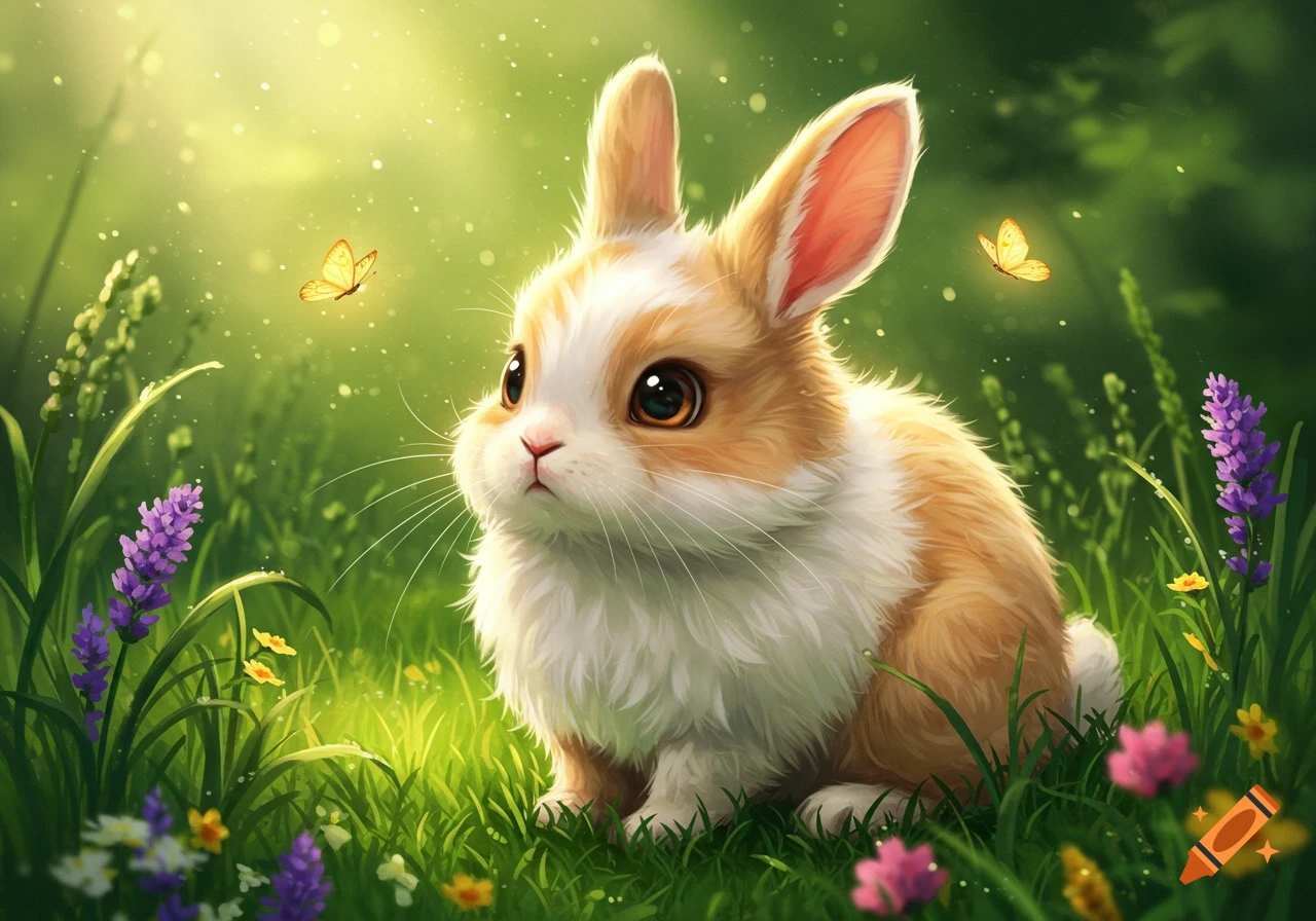 A fluffy brown and white bunny sits in a vibrant green meadow with colorful flowers and butterflies under soft sunlight, in an illustration style.