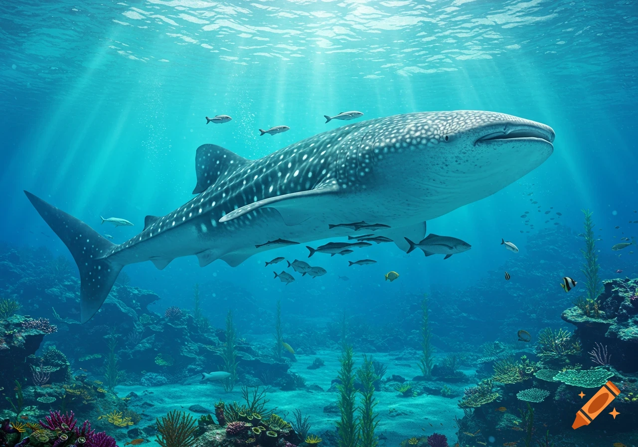 A large, photorealistic whale shark swims through a vibrant coral reef in a sunlit ocean, surrounded by smaller fish.