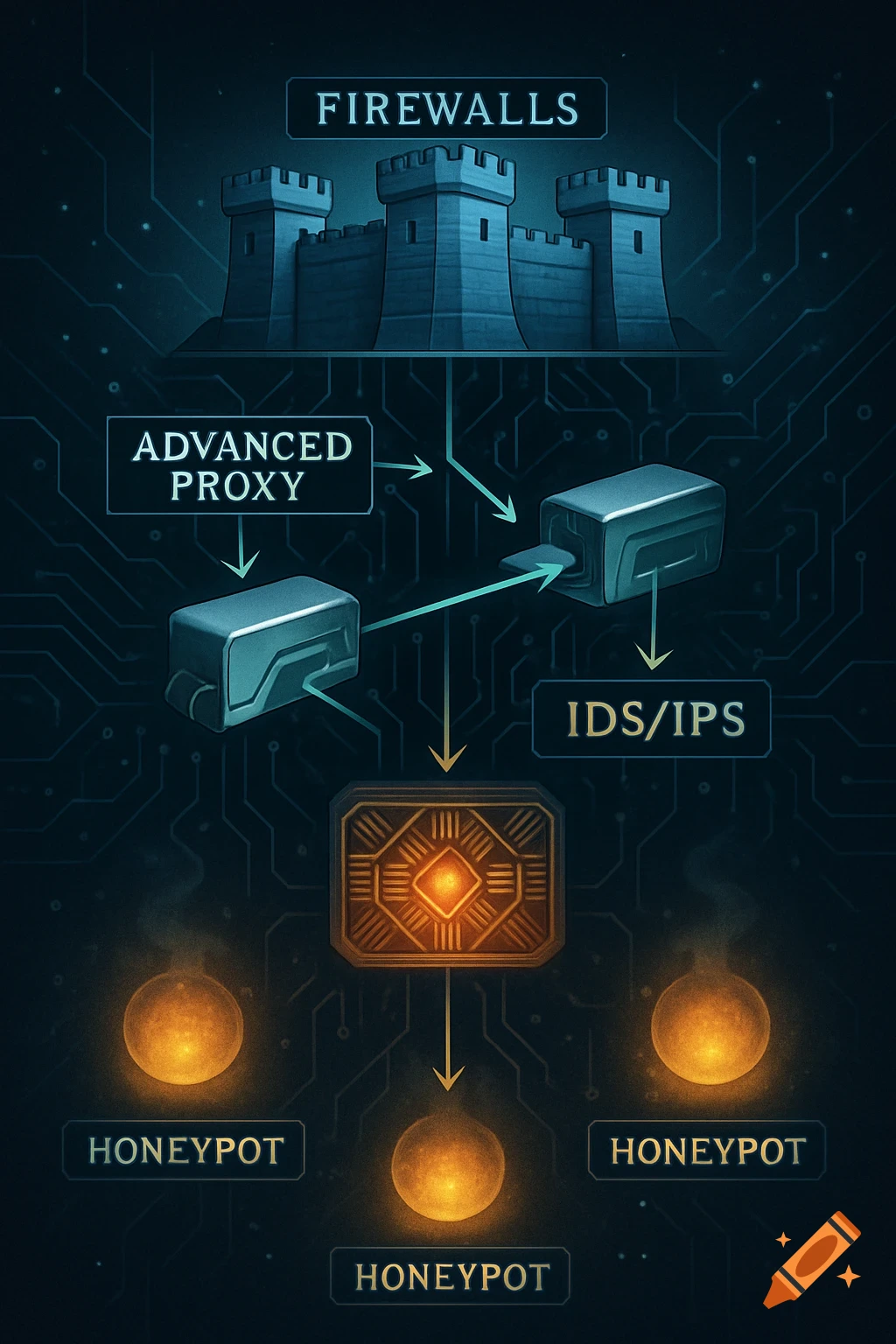 A stylized network diagram showing firewalls, advanced proxy, IDS/IPS, and honeypots in a layered defense strategy.