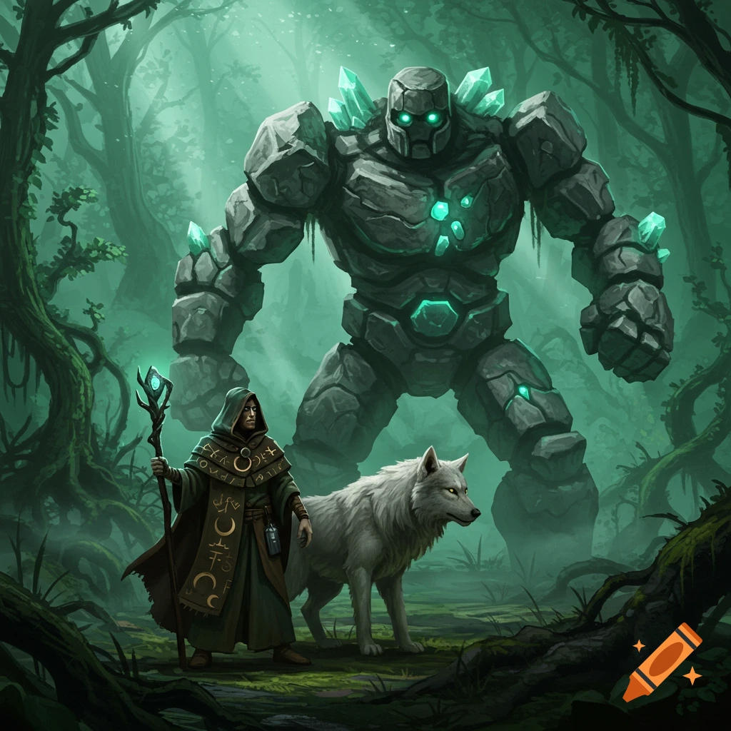 A druid with a glowing staff and a white wolf stand ready to attack a large stone golem with glowing green crystals in a misty, dark forest.