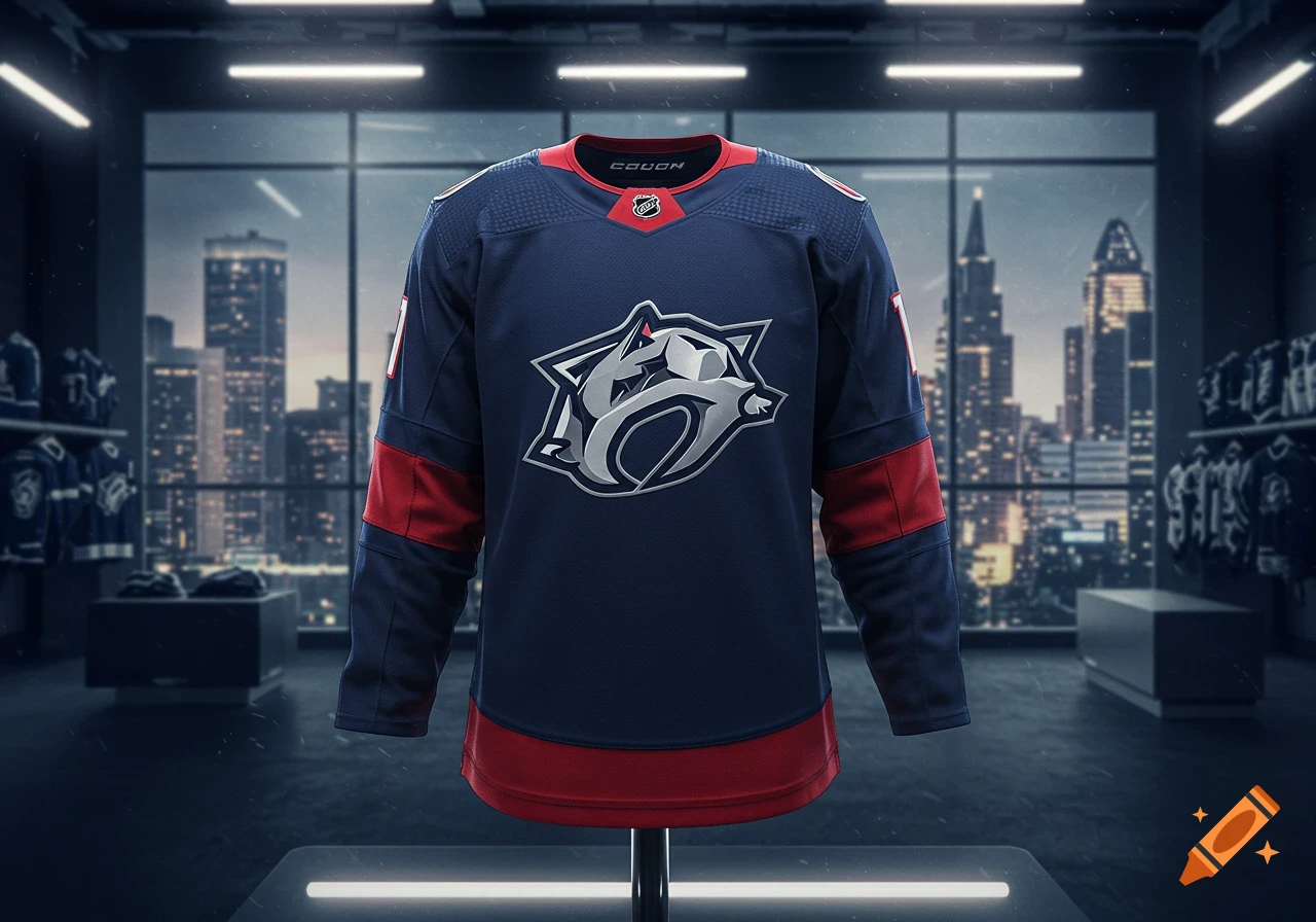 A dark blue hockey jersey with red accents and a stylized grey animal head logo on the front, displayed on a stand in a modern room overlooking a city skyline.