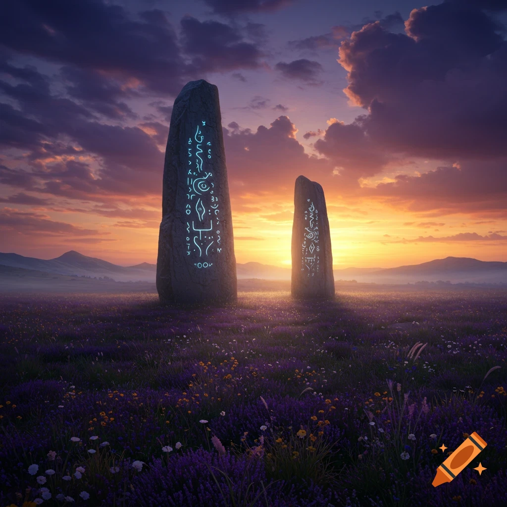 Two glowing runic monoliths stand in a vibrant purple field at sunset, with mountains in the misty background.