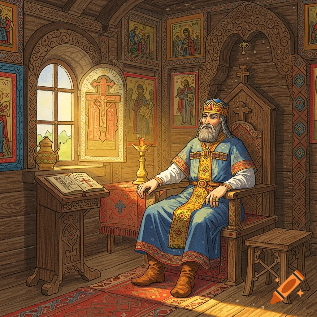 A bearded Slavic king in a blue and gold robe sits on a wooden throne in a room with icons and a book, in a folk art illustration style.