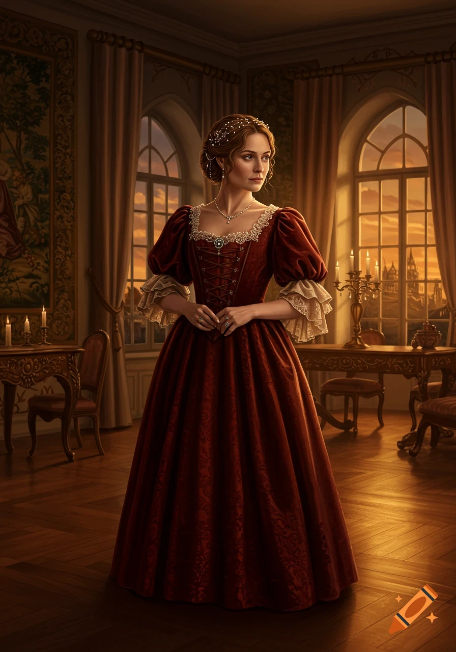 A woman in a red historical gown stands in an elegant, candlelit room with large windows overlooking a city at sunset.