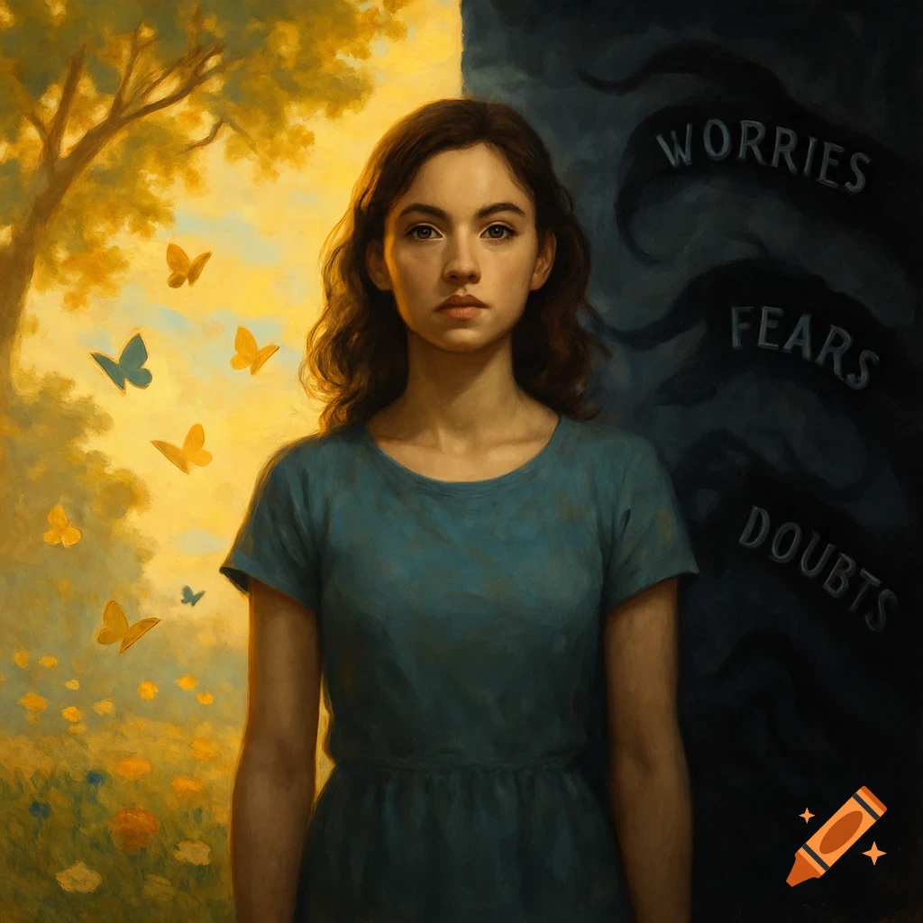 A painterly portrait of a woman standing between a bright, natural landscape with butterflies and a dark, stormy background with 'WORRIES', 'FEARS', 'DOUBTS' written in shadows.