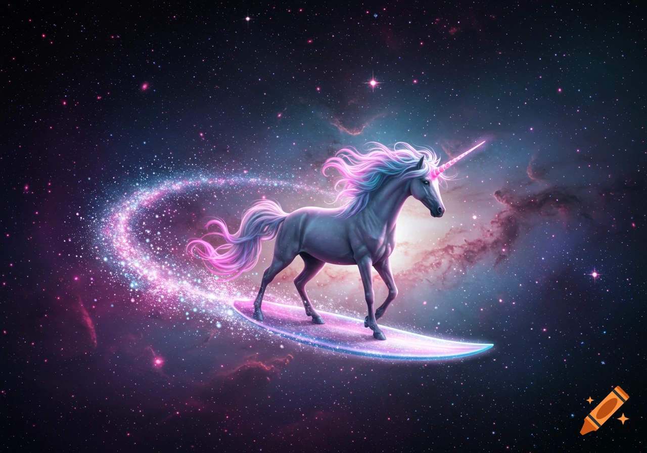 A majestic unicorn with a pink and blue mane and horn surfs on a sparkling trail of light through a vibrant, star-filled galaxy.