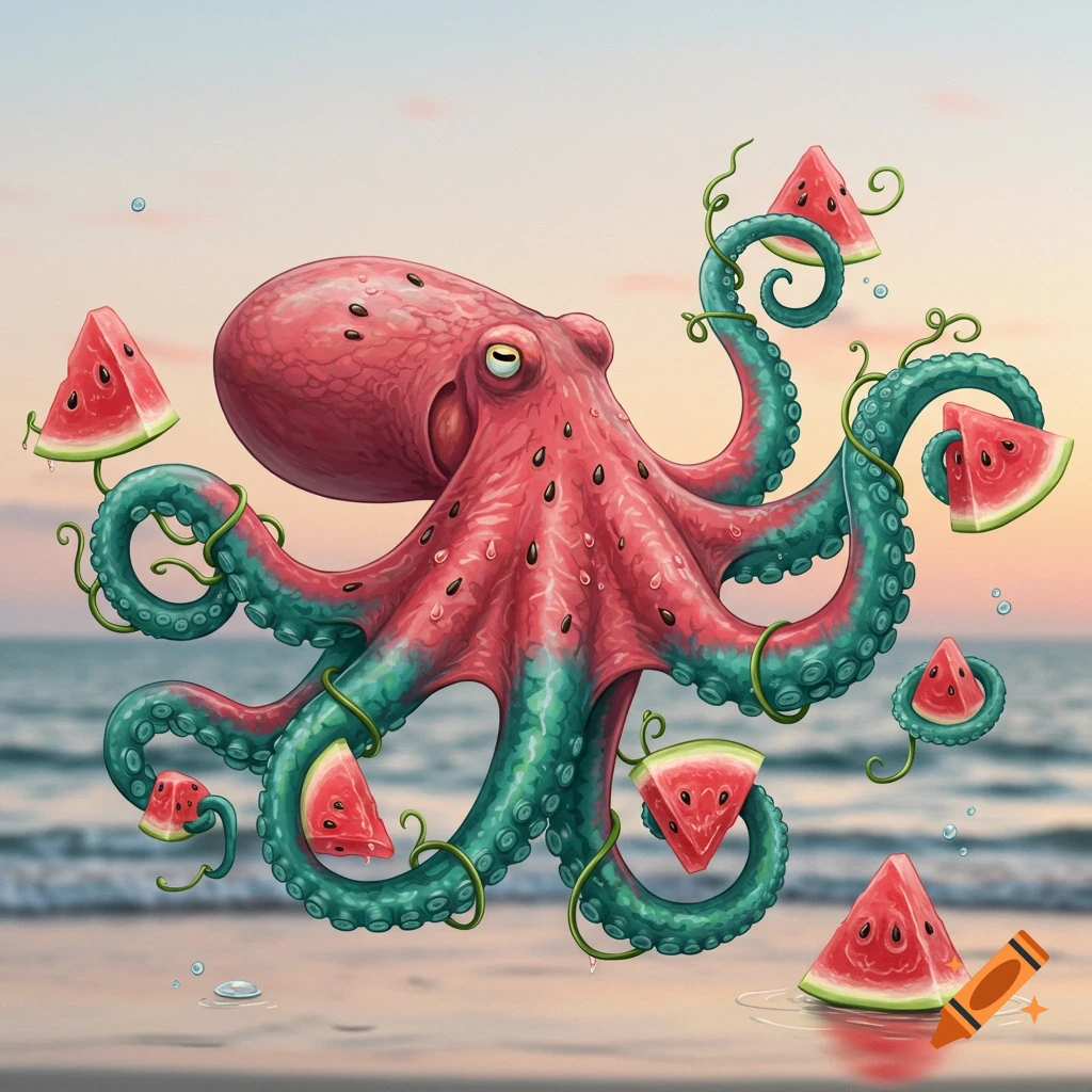 A whimsical red and teal watermelon-octopus hybrid with watermelon slices on its tentacles on a sandy beach at sunset.