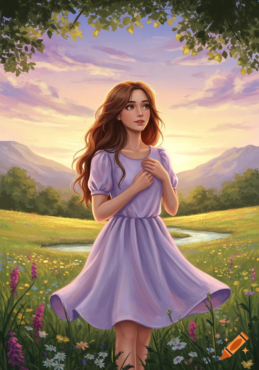 A young woman in a lavender dress stands in a wildflower meadow at sunset, with distant mountains and a winding stream.