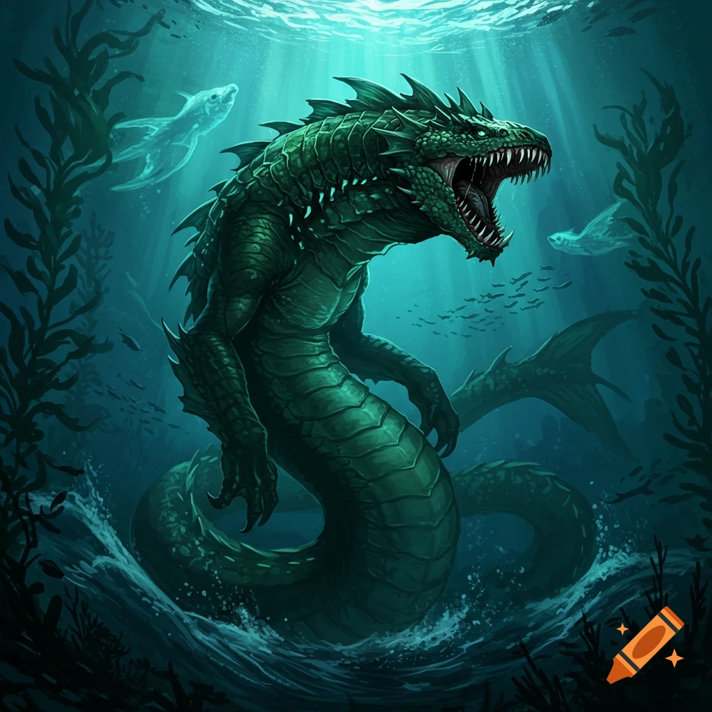 A massive green serpentine deep-sea monster with sharp teeth and glowing eyes stands in choppy water surrounded by seaweed.