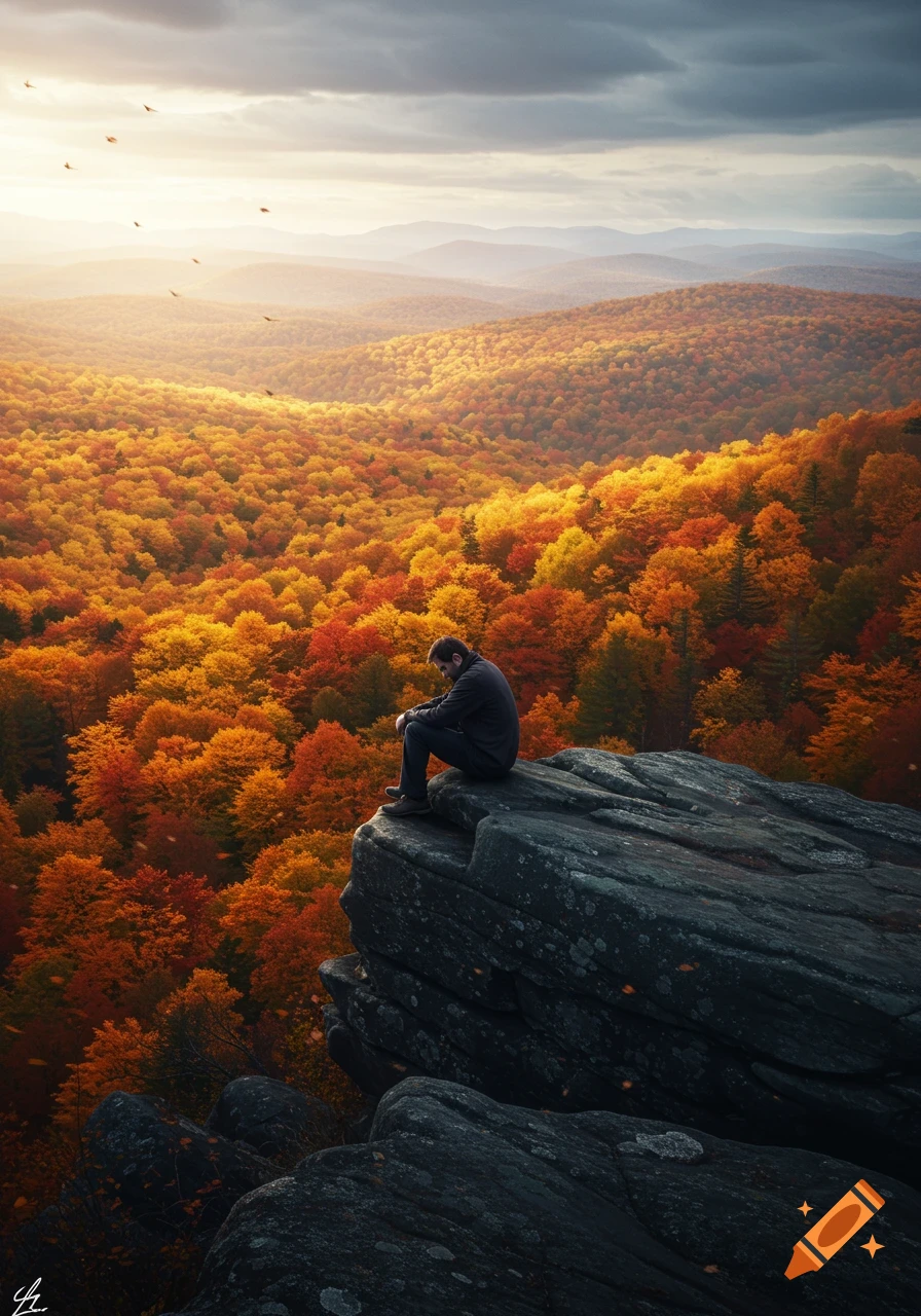 A man sits on a cliff edge, overlooking a vast, vibrant autumn forest and distant mountains under a cloudy sky.