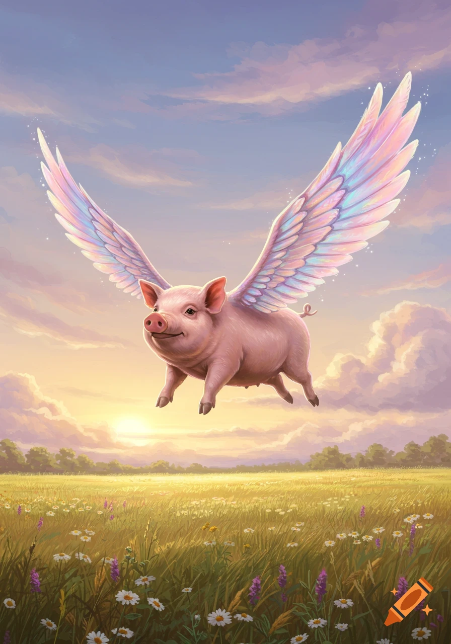 A cheerful pink flying pig with iridescent wings soars over a sunlit wildflower field under a pastel sky, digital art.