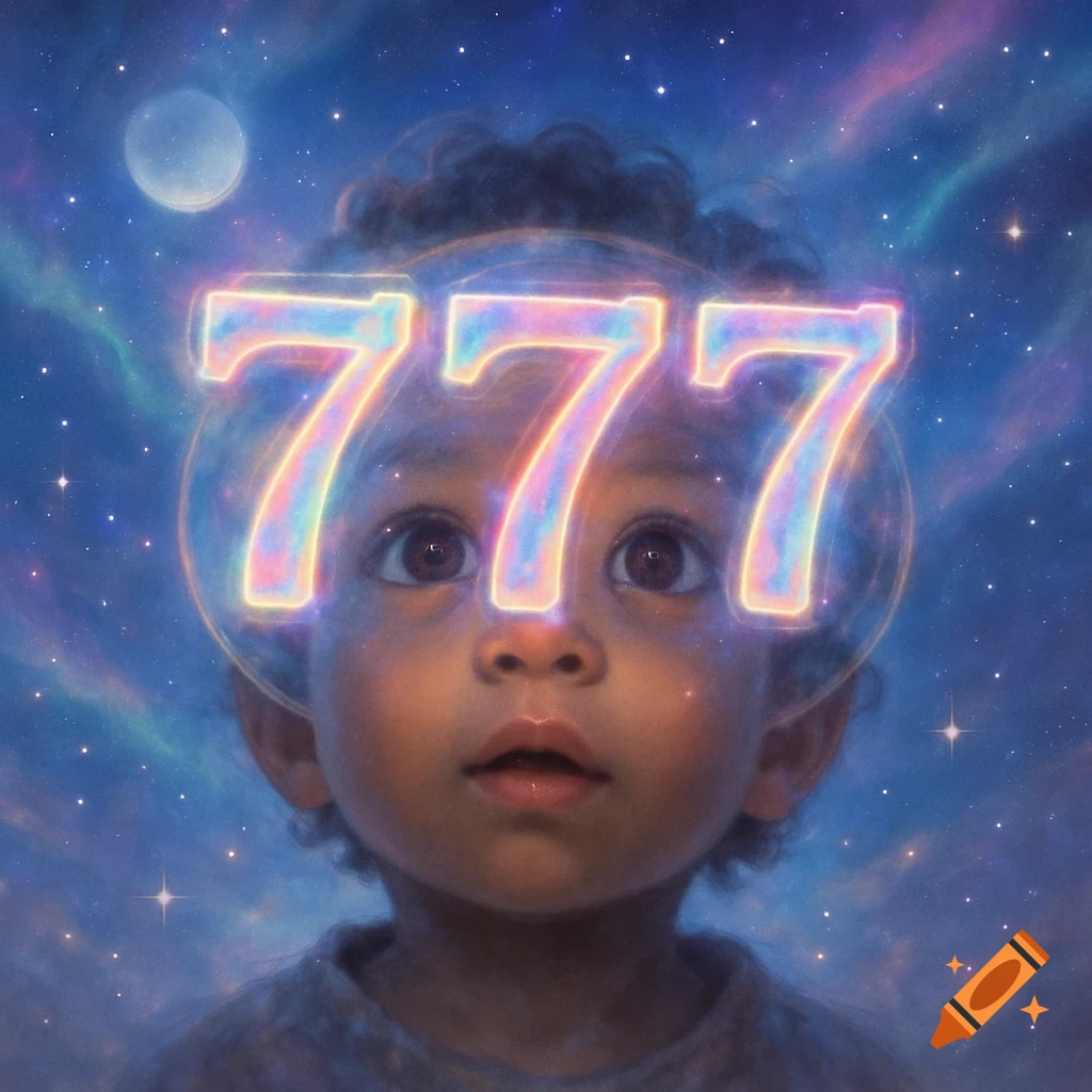 A child's face with glowing '777' numbers over their eyes, set against a starry, nebulous night sky.