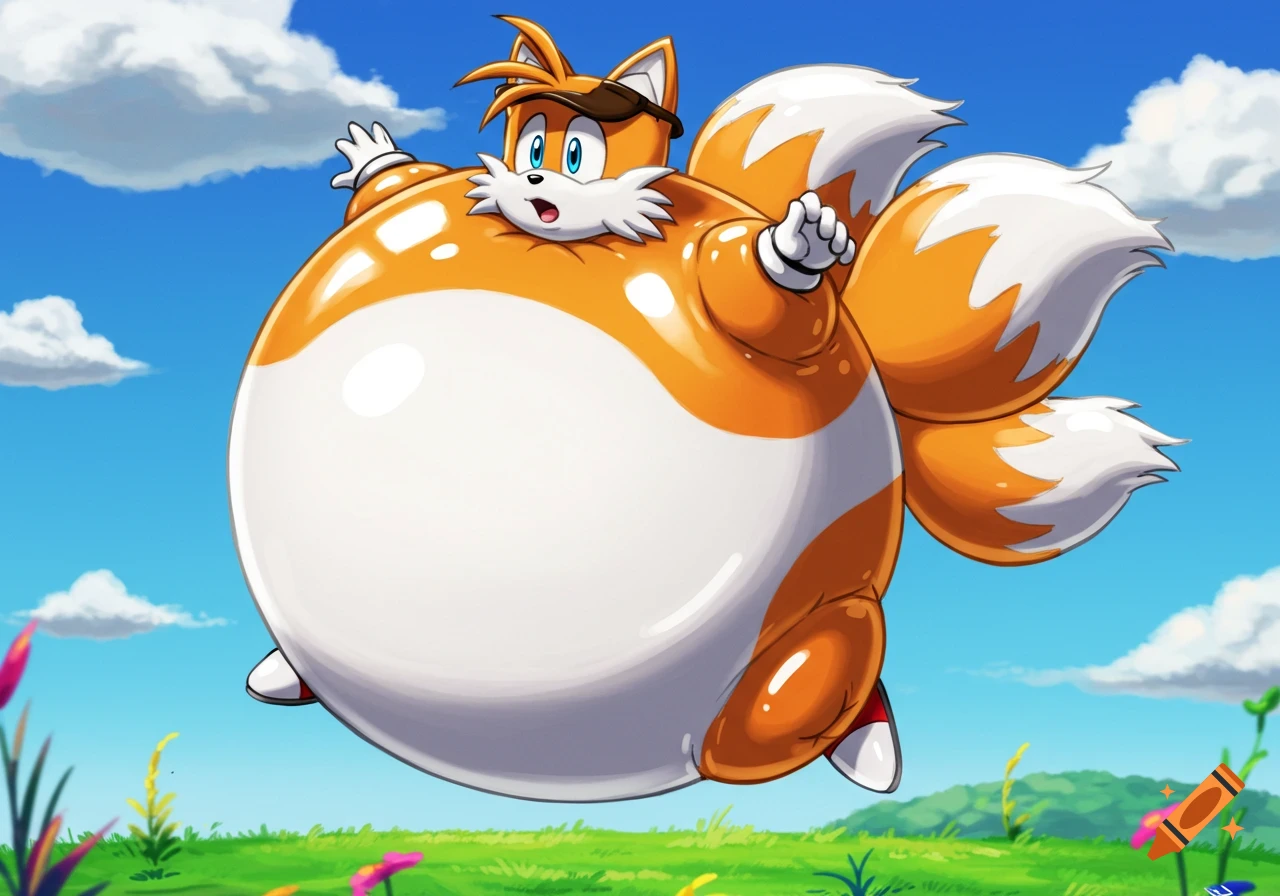 Miles 'Tails' Prower inflated like a balloon, floating in a blue sky above a green field, anime style.