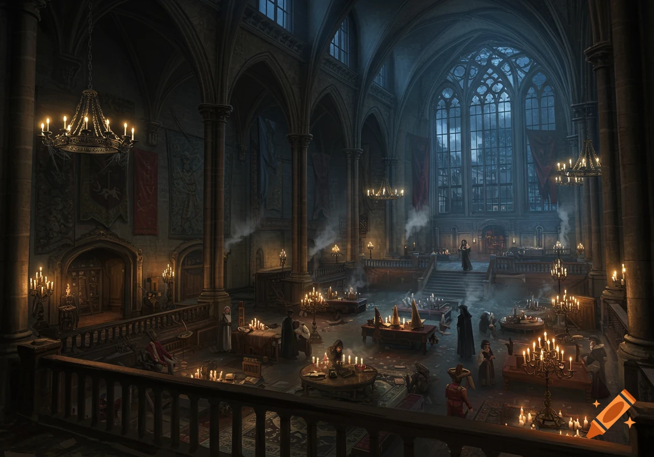 A grand, candlelit gothic hall at night, with towering arches, a large window, and numerous figures in cloaks amidst smoke and rituals.