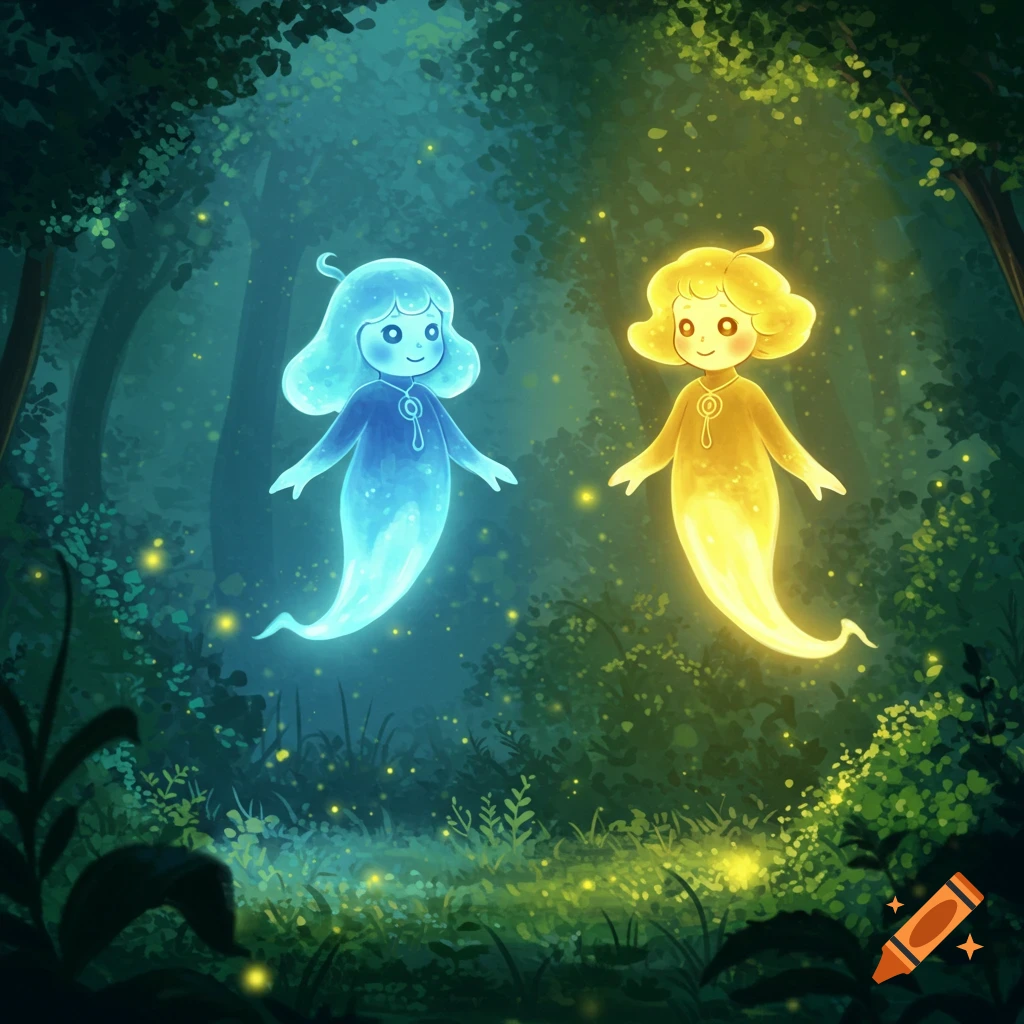 Two glowing, cartoonish ghost-like figures, one blue and one yellow, float in a dark, magical forest with twinkling lights.
