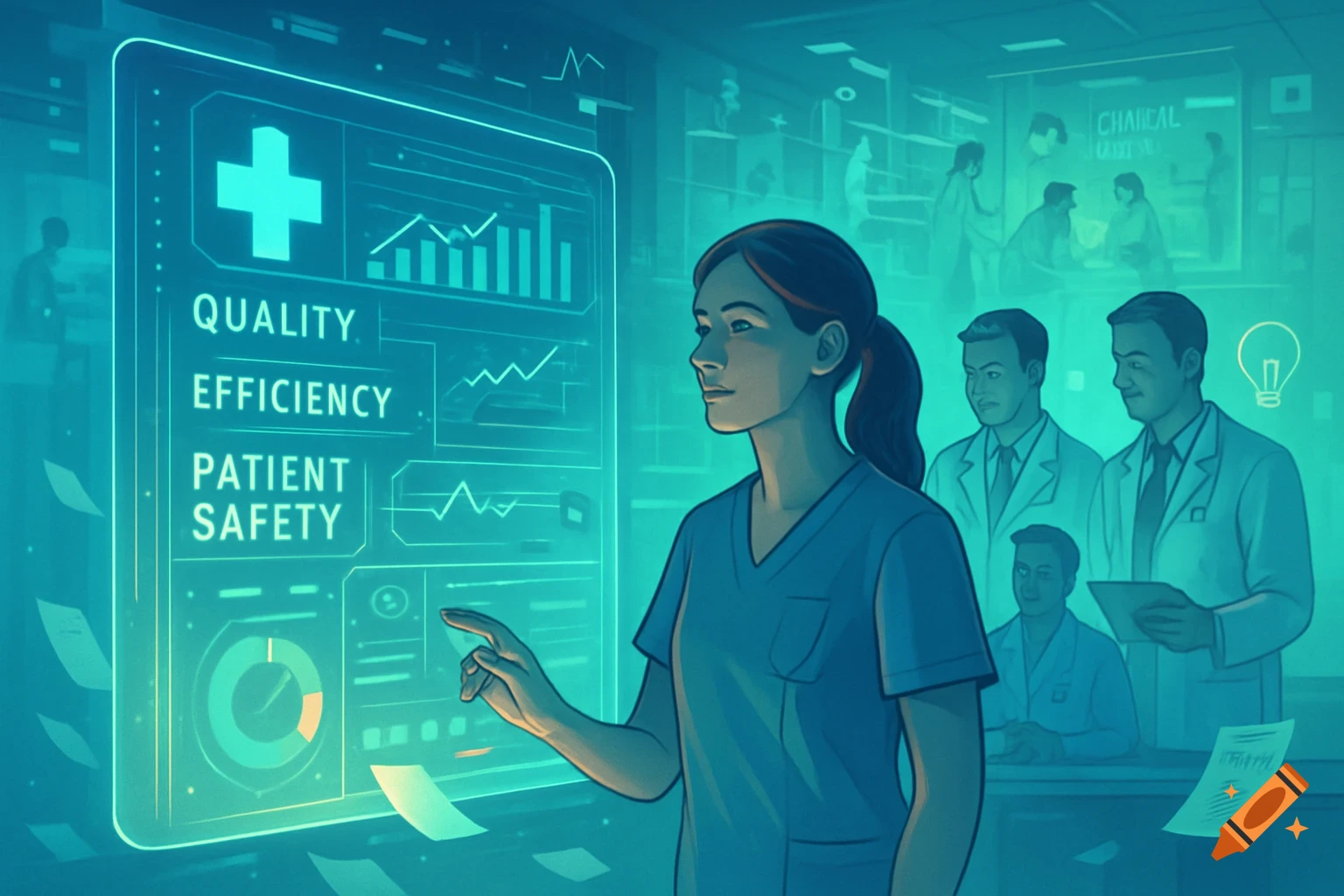 A female healthcare worker points at a glowing screen displaying "QUALITY, EFFICIENCY, PATIENT SAFETY" with charts. Other medical staff are in the teal-toned background, representing digital health.