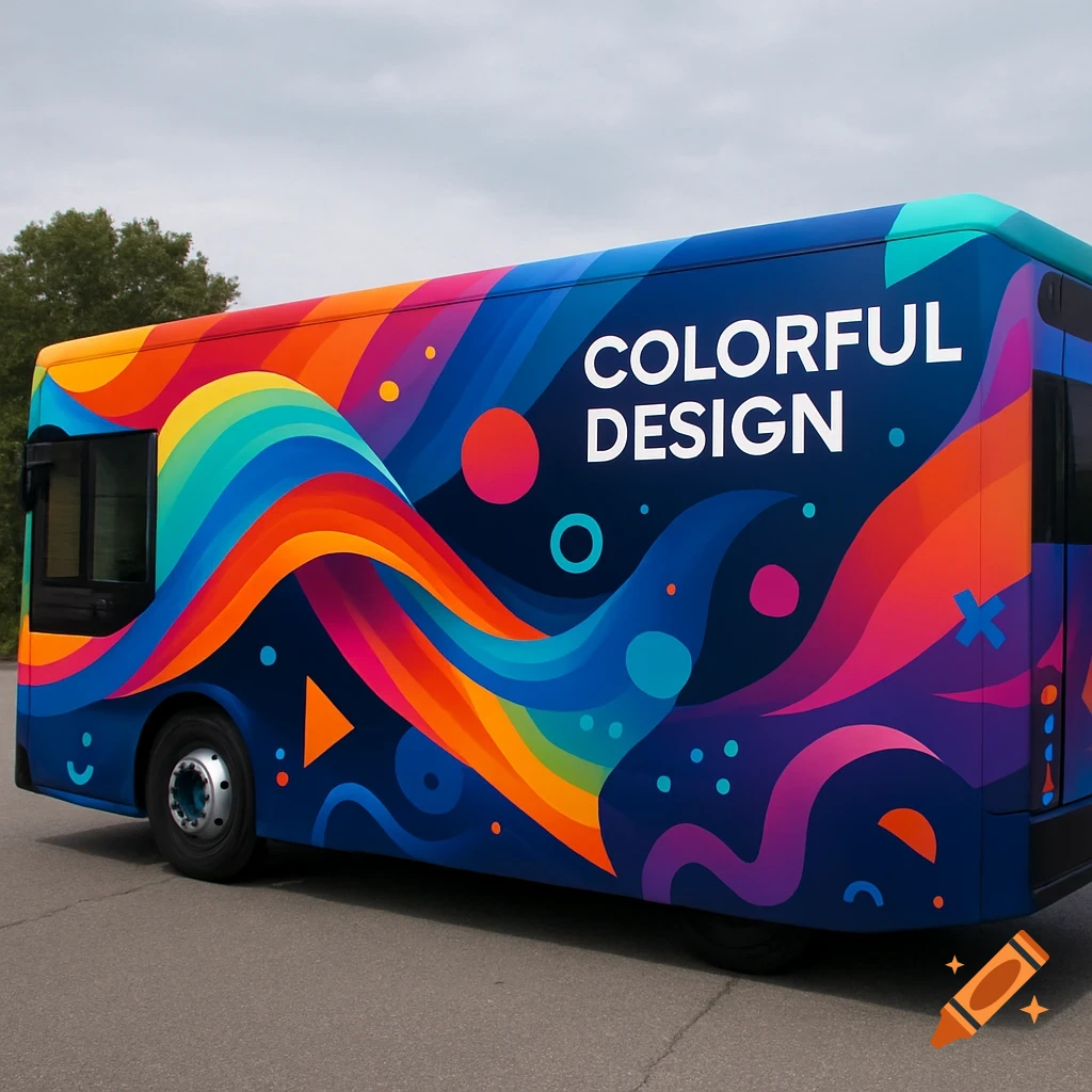 Side view of a bus with a vibrant, abstract rainbow-colored design and the words 'COLORFUL DESIGN' on its side.