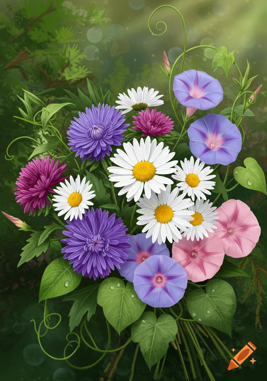 A vibrant bouquet of purple asters, white daisies, and blue and pink morning glories against a green, blurred background.