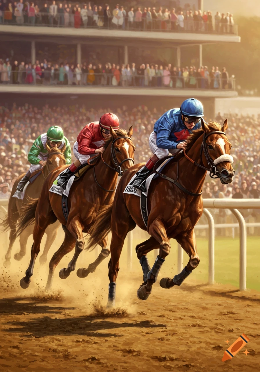 Jockeys on brown horses gallop along a dirt track, kicking up dust, with a large crowd in the stadium stands.
