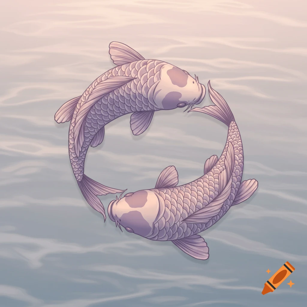 Two stylized lavender and heather koi fish form a yin and yang symbol against a light blue water background.