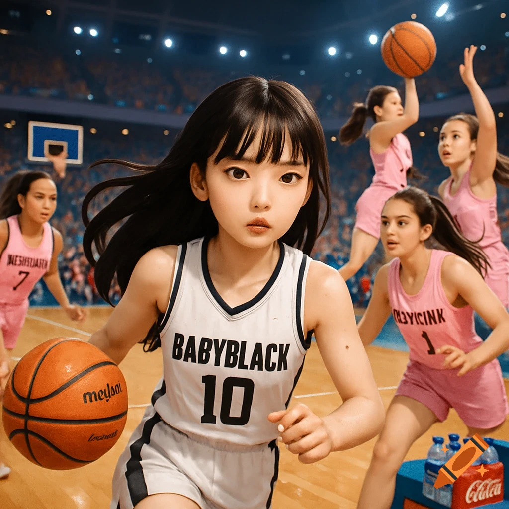 A stylized anime-like girl in a white 'BABYBLACK 10' basketball jersey dribbles a ball on a court during a game with other players.