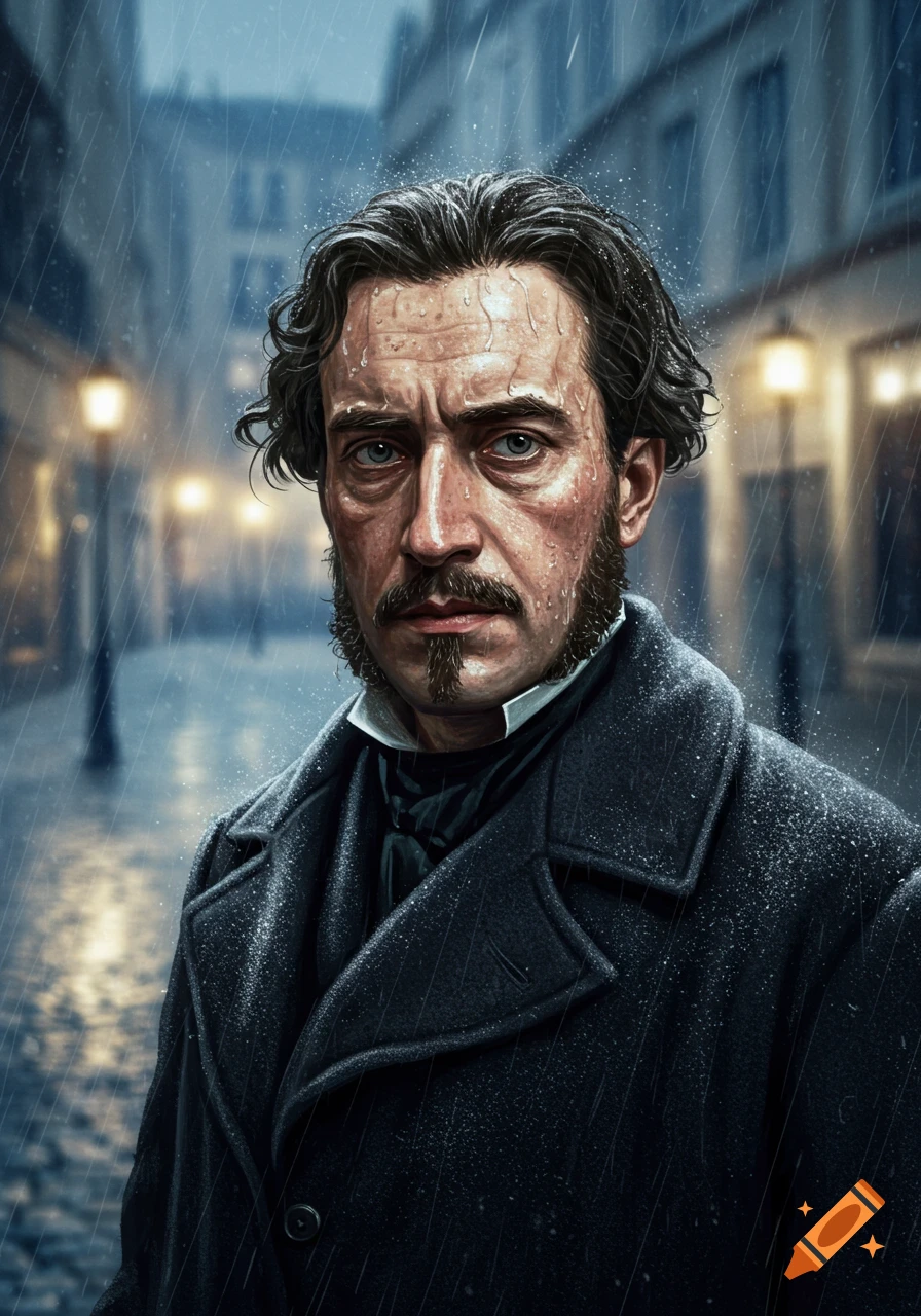 Photorealistic portrait of a serious man with a beard and mustache, glistening from rain, on a dark, wet street.