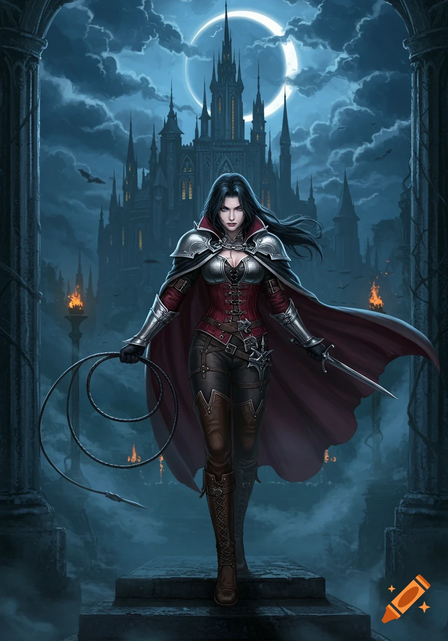 A dark-haired female hunter in armor with a whip and dagger stands before a gothic castle under a full moon at night.