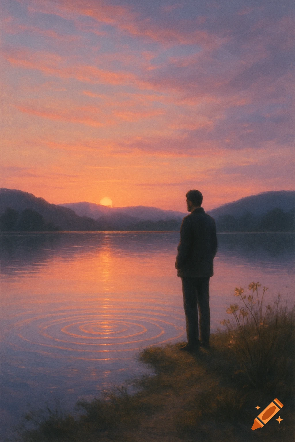 A man stands at the edge of a lake, gazing at a vibrant orange and pink sunset reflecting on the water.