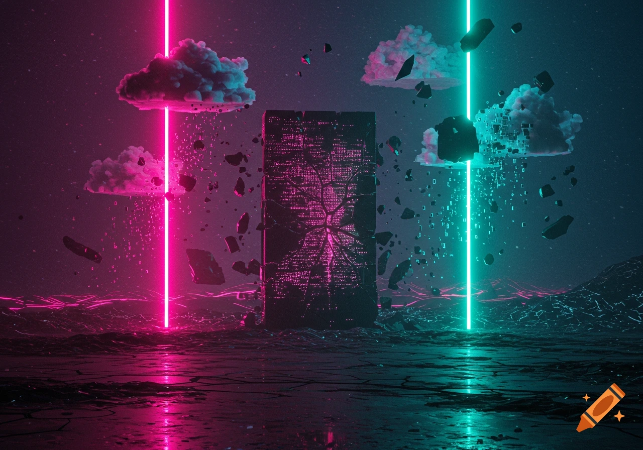Futuristic digital landscape with a cracked monolith, floating debris, and clouds illuminated by neon pink and teal light beams.