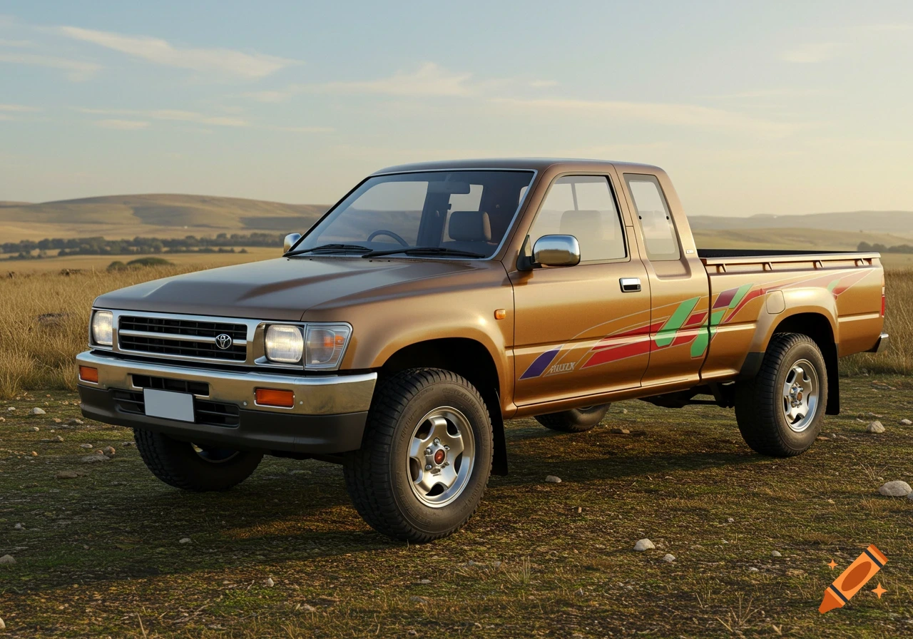 A metallic brown 1992 Toyota Hilux pickup truck with retro decals, parked in a grassy field under a partly cloudy sky.