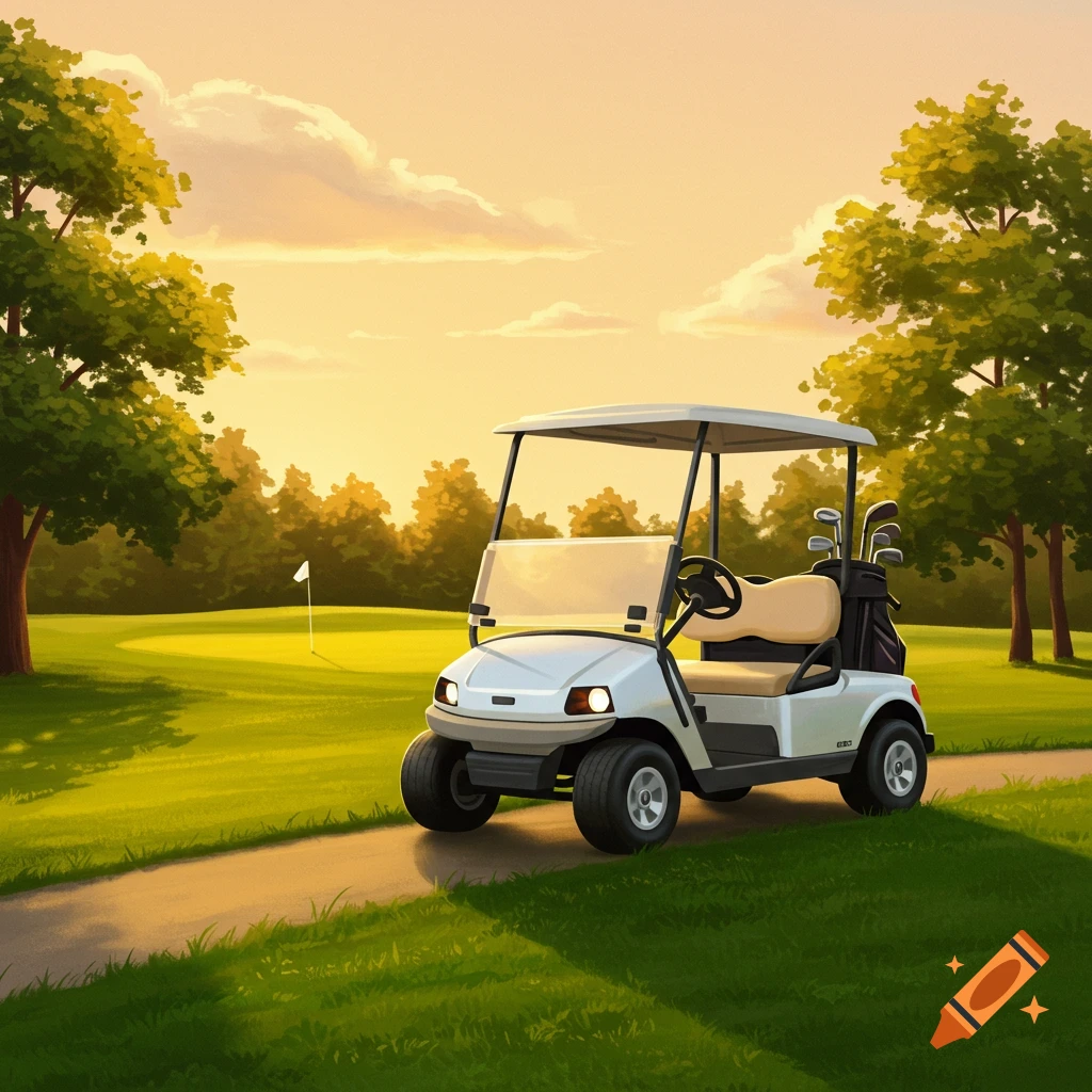 A white golf cart on a path next to a green golf course, with trees in the background under a sunset sky in an illustrated style.