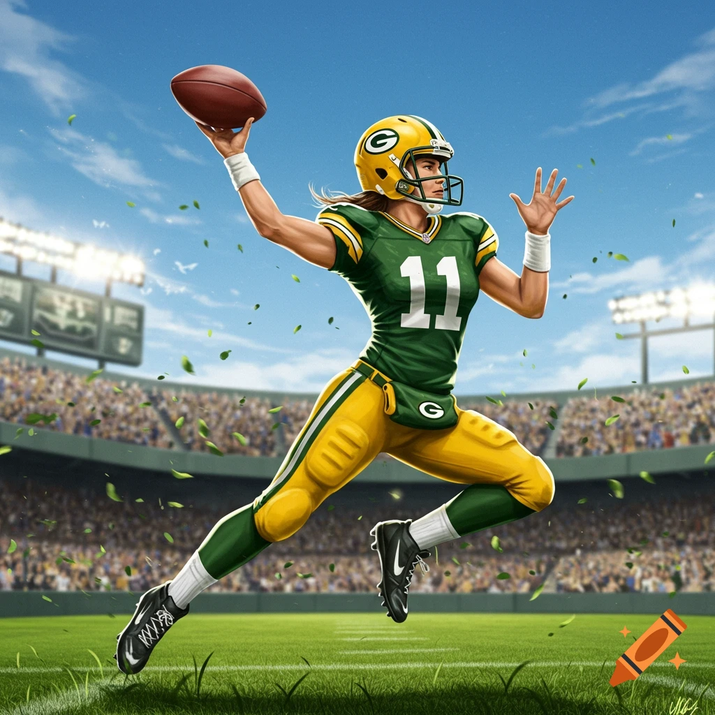 A female quarterback in a Green Bay Packers uniform throws a football in a sunny stadium, realistic illustration.