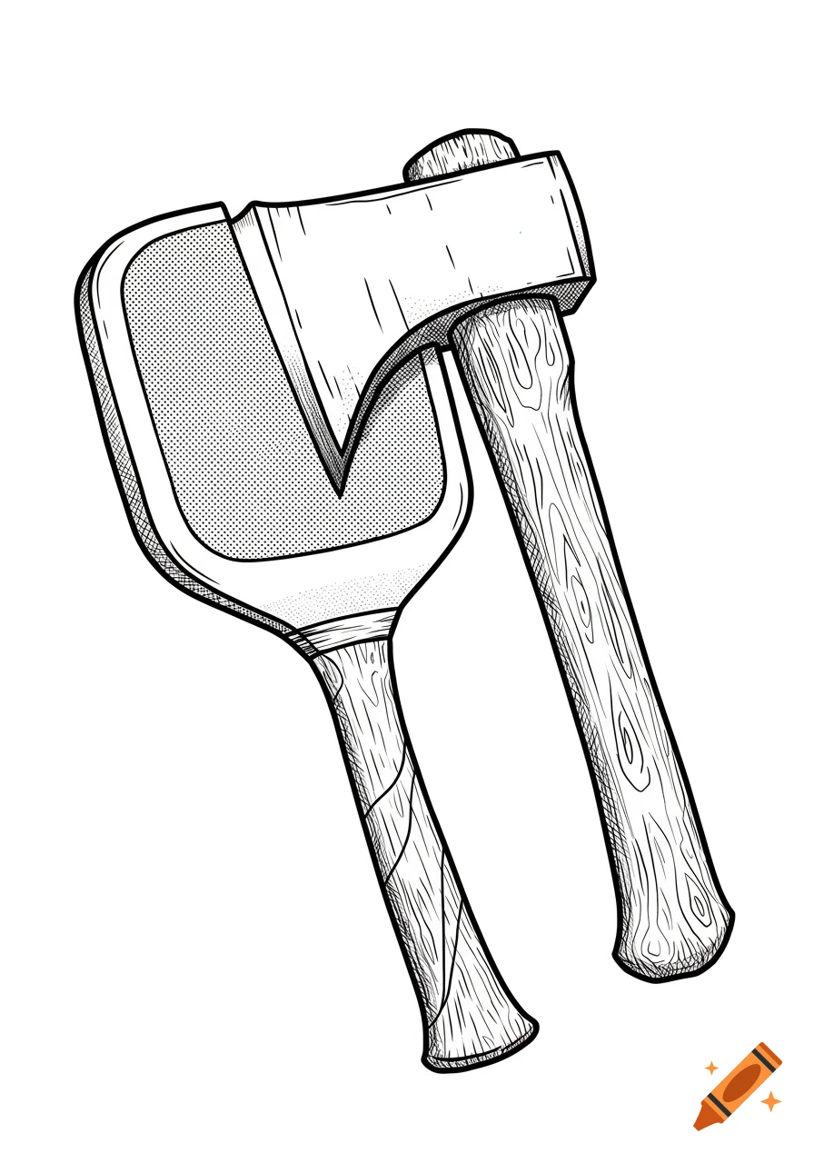 Black and white line drawing of an axe with a wooden handle and a pickleball paddle serving as the blade.