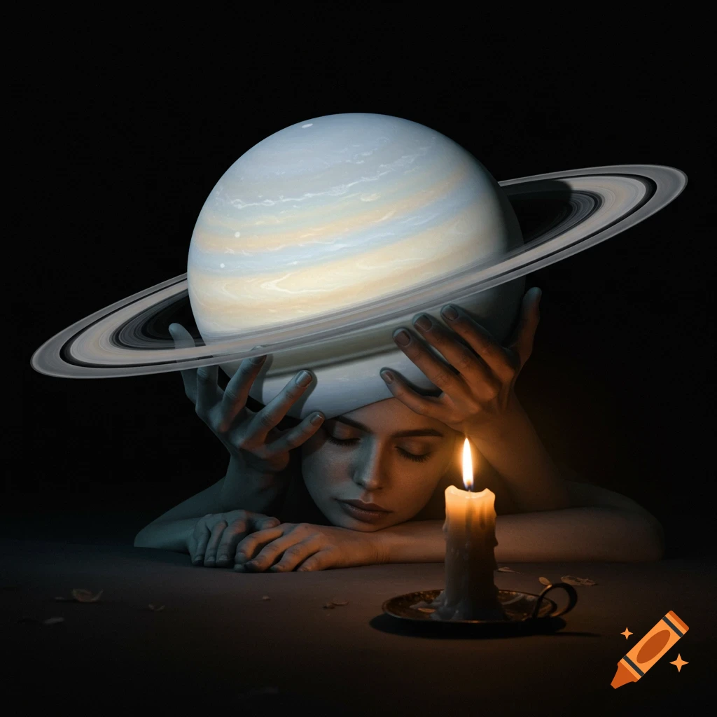 A surreal image of a person with closed eyes, holding Saturn, illuminated by a candle in a dark setting.